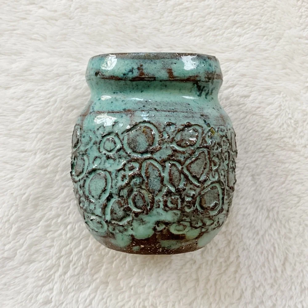 Signed Studio Pottery Bud Vase Pair Turquoise Drip Glaze Handmade
